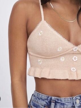 For Love & Lemons Cream Knit Daisy-Embroidered Crop Tank